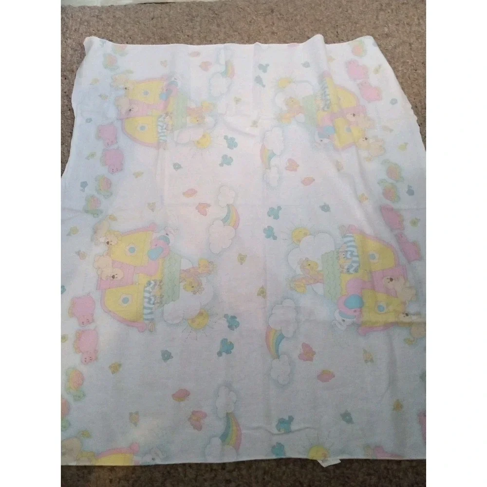 Vintage 1985 Curity Noahs Ark Baby Blanket Pastel Animals Flannel Kendall Co